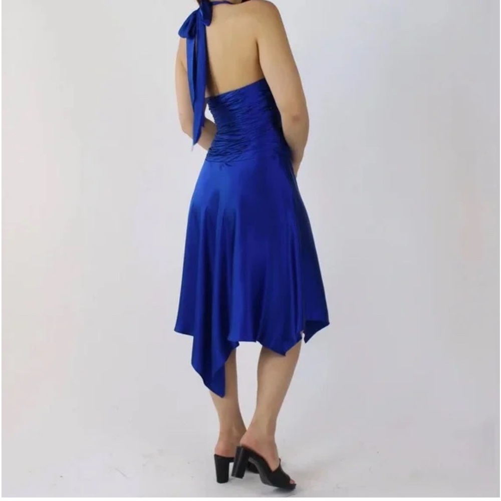 Cache Vintage Electric Blue Halter Asymmetrical Hem Silk Dress Size 6